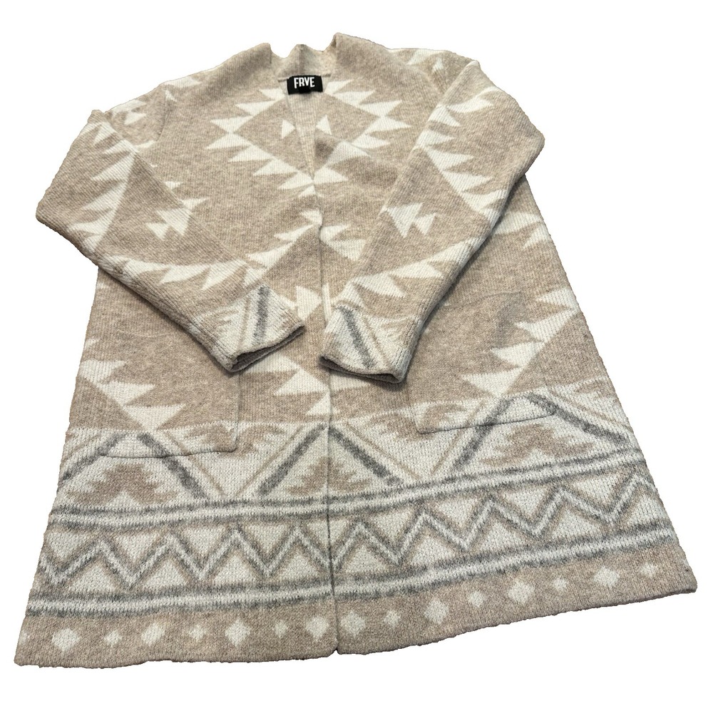Frye Sweater Womens Tan and White Aztec Open Cardigan Knit Size XS
